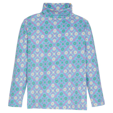 Our super soft long sleeve turtleneck back in our Seville Azul print. It features a fun green/cream/blue and purple print--BISBY