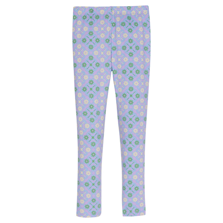 Our leggings are back in our Seville Azul pattern. They have green and a cream colored flower pattern forming little diamonds printed onto a purple legging--BISBY girl