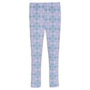 Our leggings are back in our Seville Azul pattern. They have green and a cream colored flower pattern forming little diamonds printed onto a purple legging--BISBY girl