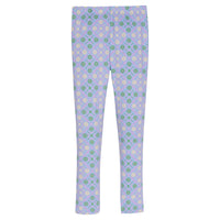 Our leggings are back in our Seville Azul pattern. They have green and a cream colored flower pattern forming little diamonds printed onto a purple legging--BISBY girl