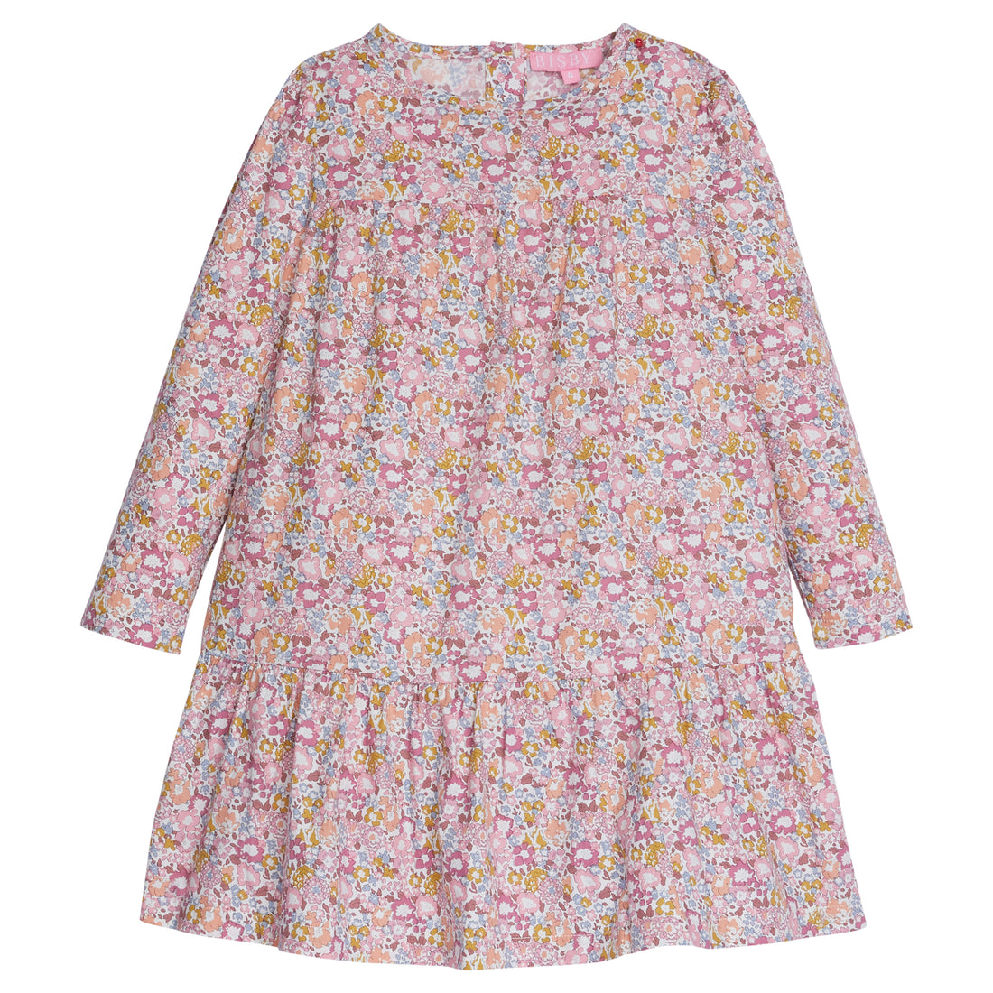 Our Lisle dress is back in our Radnor Rose print. This print is made up of pink and orange colored flowers with hints of blue as well. This dress has tiers to it and is long sleeve with button at the back--BISBY girl