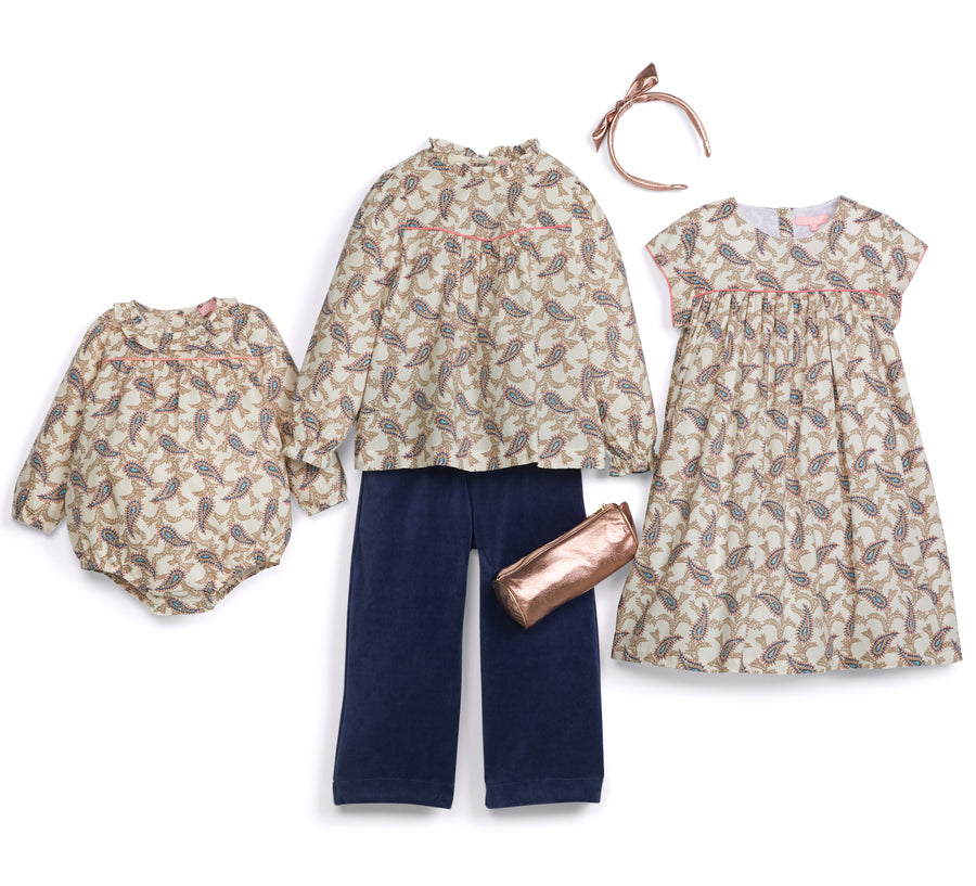 baby bubble flowy top with navy velvet pants , rose gold pencil case pink , little girls flowy dress with pink headband metallic