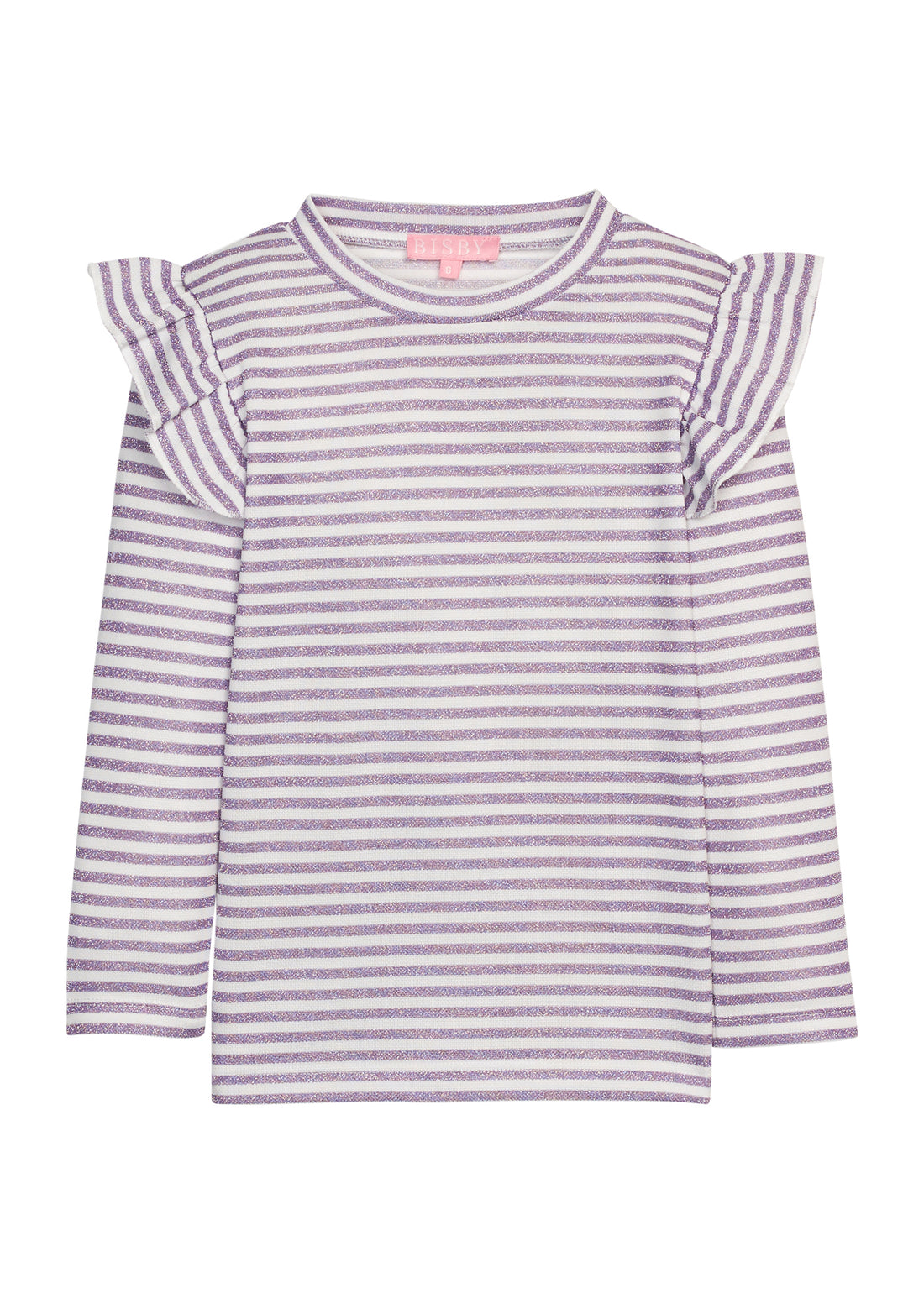 Girls/tween sparkly purple and white striped long-sleeve top with ruffled angel sleeve shoulder detail.