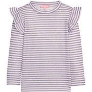 Girls/tween sparkly purple and white striped long-sleeve top with ruffled angel sleeve shoulder detail.