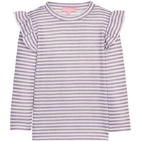 Girls/tween sparkly purple and white striped long-sleeve top with ruffled angel sleeve shoulder detail.