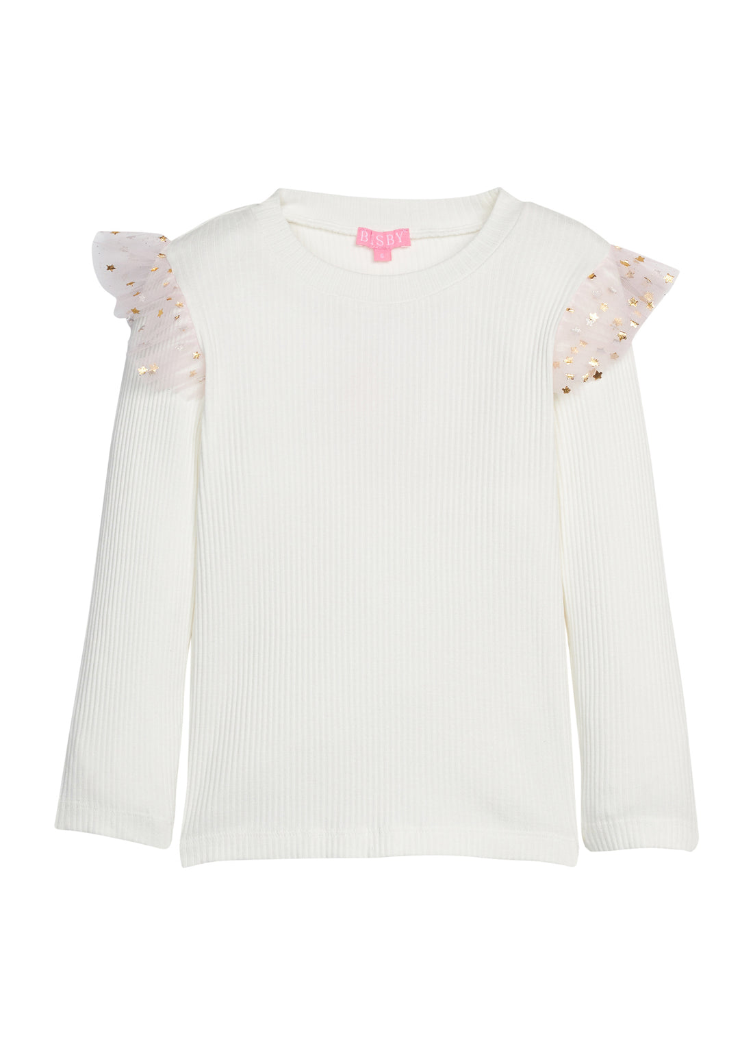 Girls white ribbed long-sleeve top with pink tulle on the shoulders with gold stars.