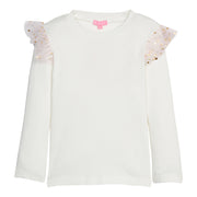 Girls white ribbed long-sleeve top with pink tulle on the shoulders with gold stars.