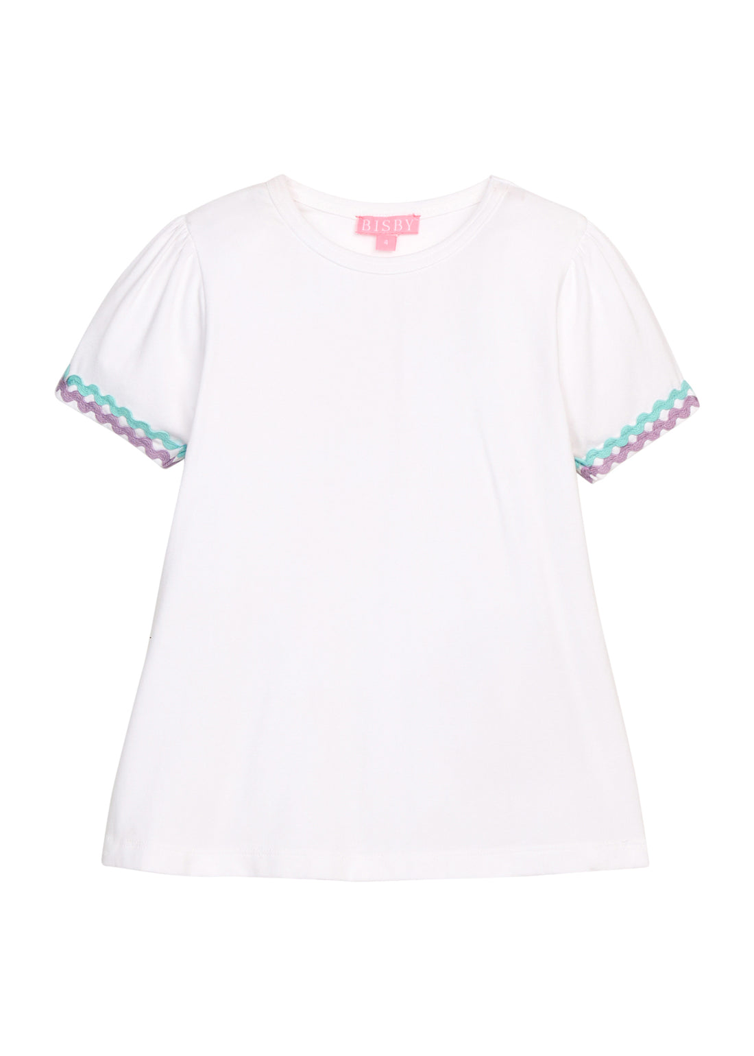 BISBY girl basic white tee with aqua and lavender ric rac detailing at sleeves.