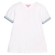 BISBY girl basic white tee with aqua and lavender ric rac detailing at sleeves.