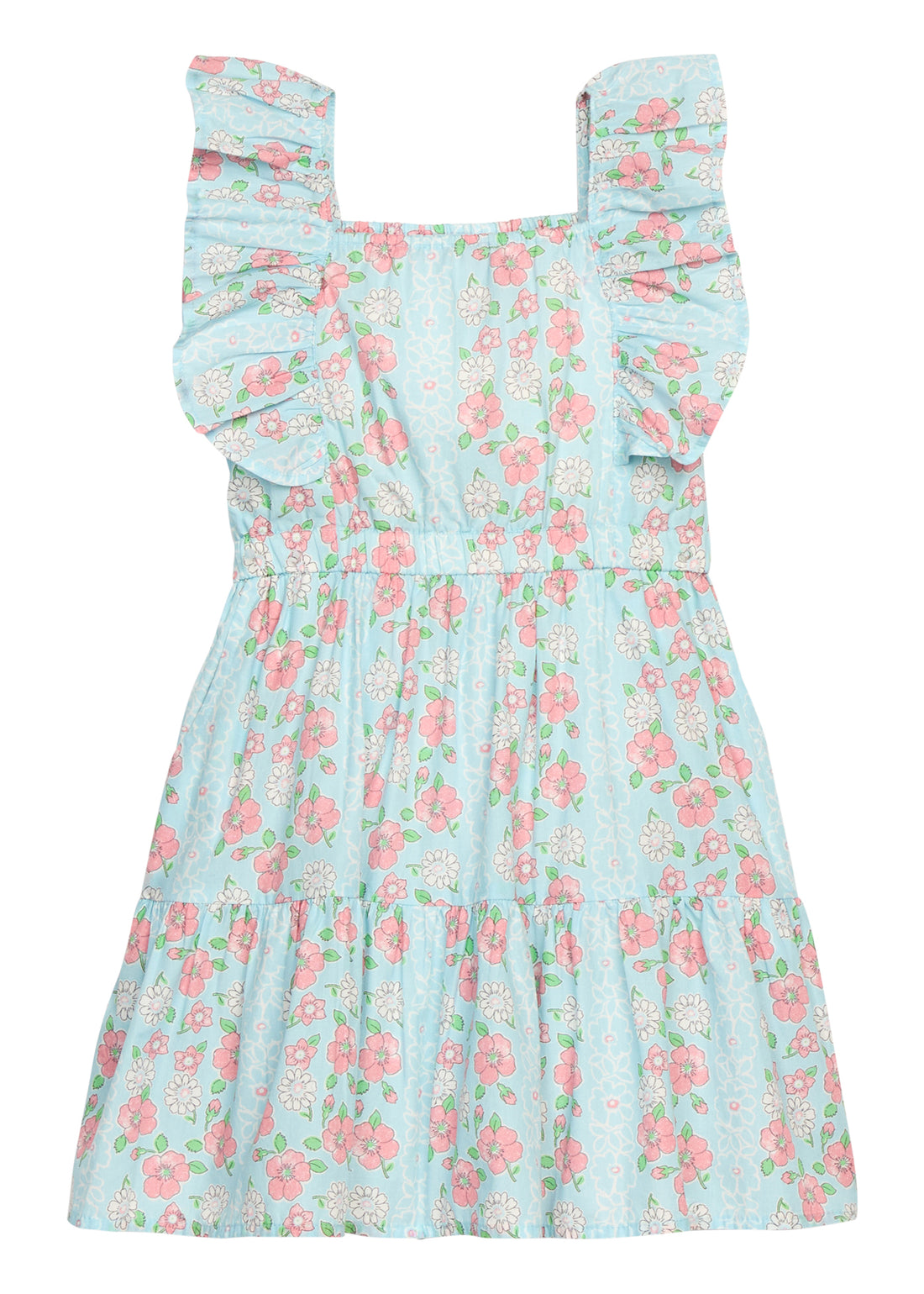 BISBY girl woven dress in a blue/pink/white floral print. Dress features angel flutter sleeves, elastic waistband, and pockets for an elevated look. 