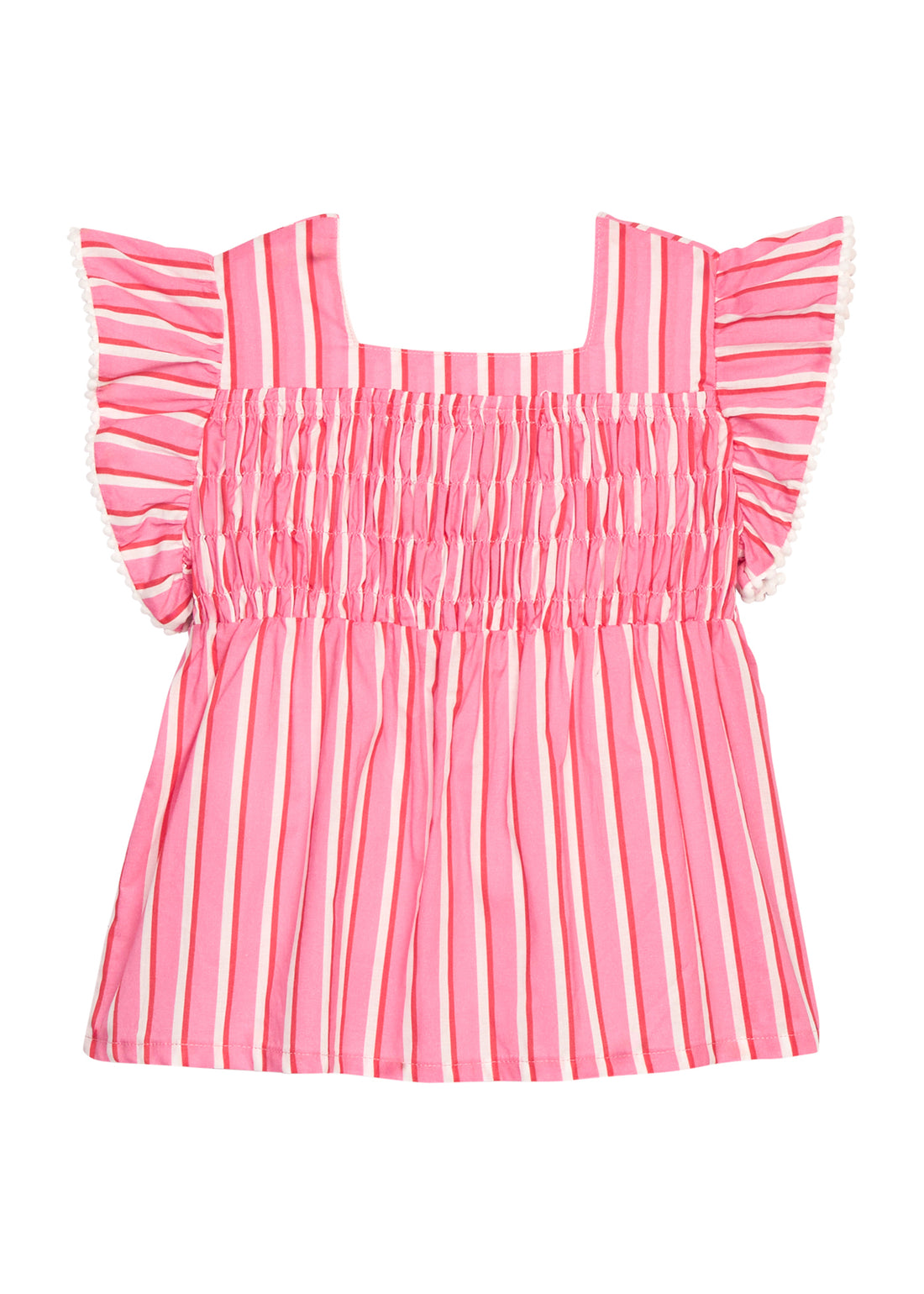 BISBY girl woven top in a beautiful pink/red/cream stripe. Top features a thick square neckline, smocking across the bust, and white pom pom trim to complete the look. 