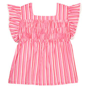 BISBY girl woven top in a beautiful pink/red/cream stripe. Top features a thick square neckline, smocking across the bust, and white pom pom trim to complete the look. 