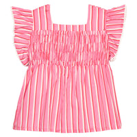 BISBY girl woven top in a beautiful pink/red/cream stripe. Top features a thick square neckline, smocking across the bust, and white pom pom trim to complete the look. 
