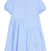 BISBY girl knit dress in a white/blue floral print. Dress features an asymmetrical cut body, elastic cuffs at sleeves, and a zipper closure along back of dress. 