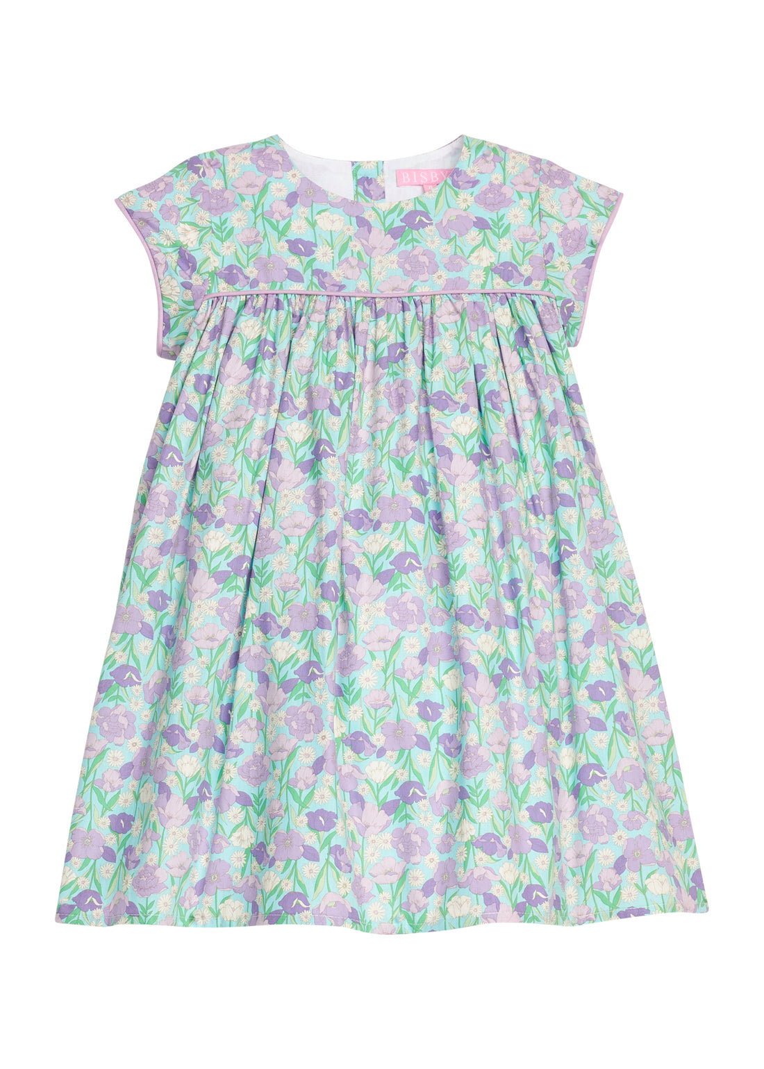 BISBY girl woven dress in an aqua/purple/blue floral print. Dress features three button closure at back and matching purple trim across bust and end of sleeves for a completed look.