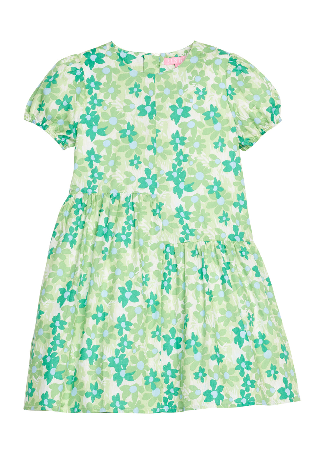 BISBY girl woven dress in a green/light blue floral print. Dress features an asymmetrical cut body, elastic cuffs at sleeves, and a zipper closure along back of dress. 