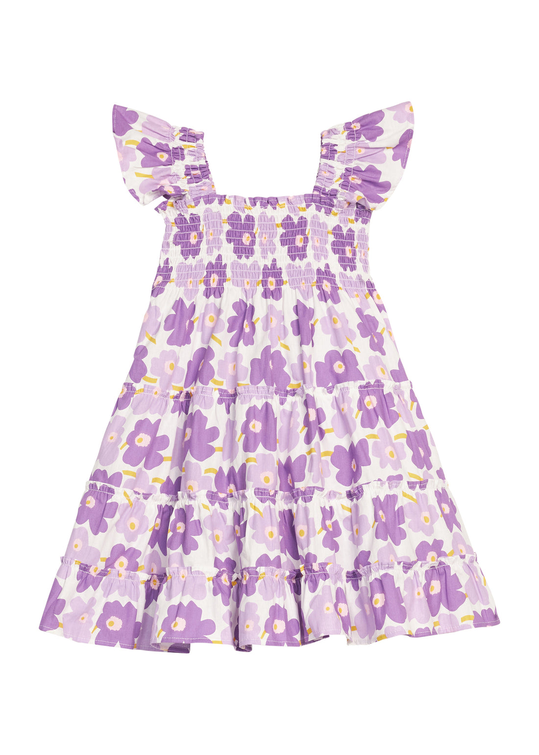 BISBY girl woven dress in a purple floral print. Dress features angel sleeves, smocking across bust, and outside surging detail for an elevated look.