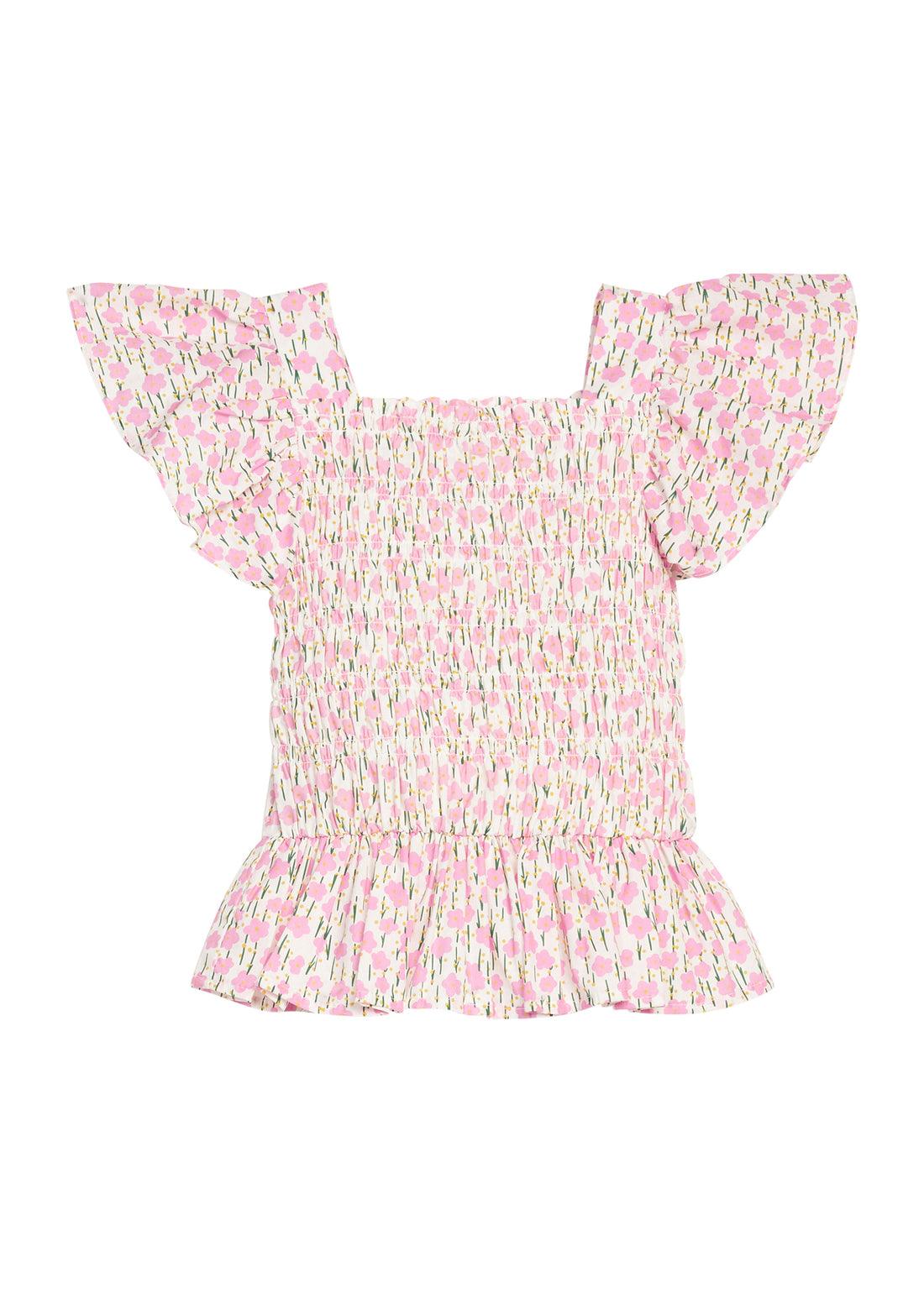 BISBY girl woven top in a pink floral print. Top features smocking on the whole body of the shirt for a secure but comfy fit.