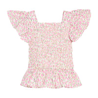 BISBY girl woven top in a pink floral print. Top features smocking on the whole body of the shirt for a secure but comfy fit.