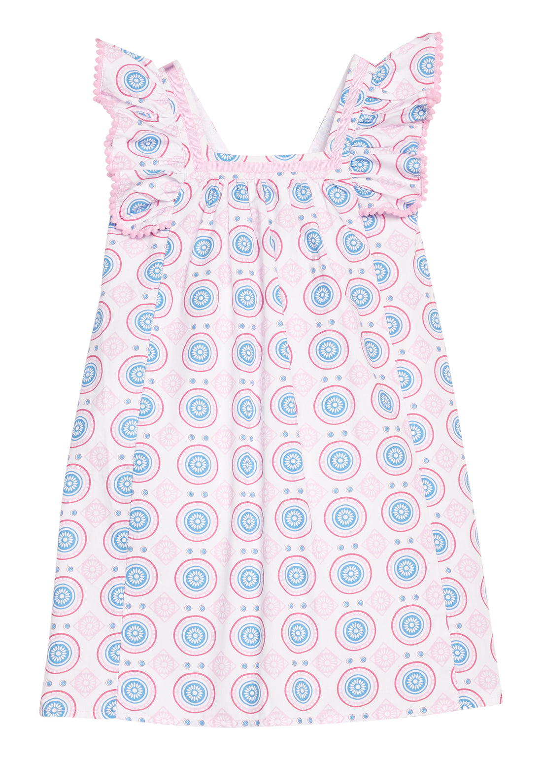 BISBY girl woven dress in a white/pink/red/blue fun pattern. Dress features a square neckline with a light pink ribbon trim, three button closure at back, angel sleeve detail, and light pink pom poms along edge of sleeves for an elevated look.