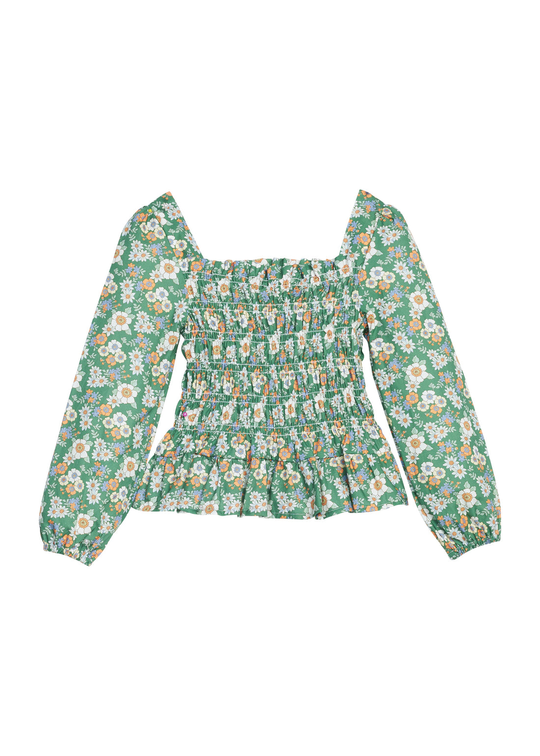 Girls/tween woven top that features ruching across center of shirt and elastic cuffs for a secure but stretchy fit.