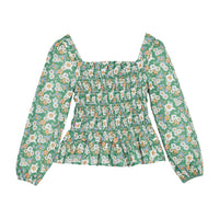 Girls/tween woven top that features ruching across center of shirt and elastic cuffs for a secure but stretchy fit.