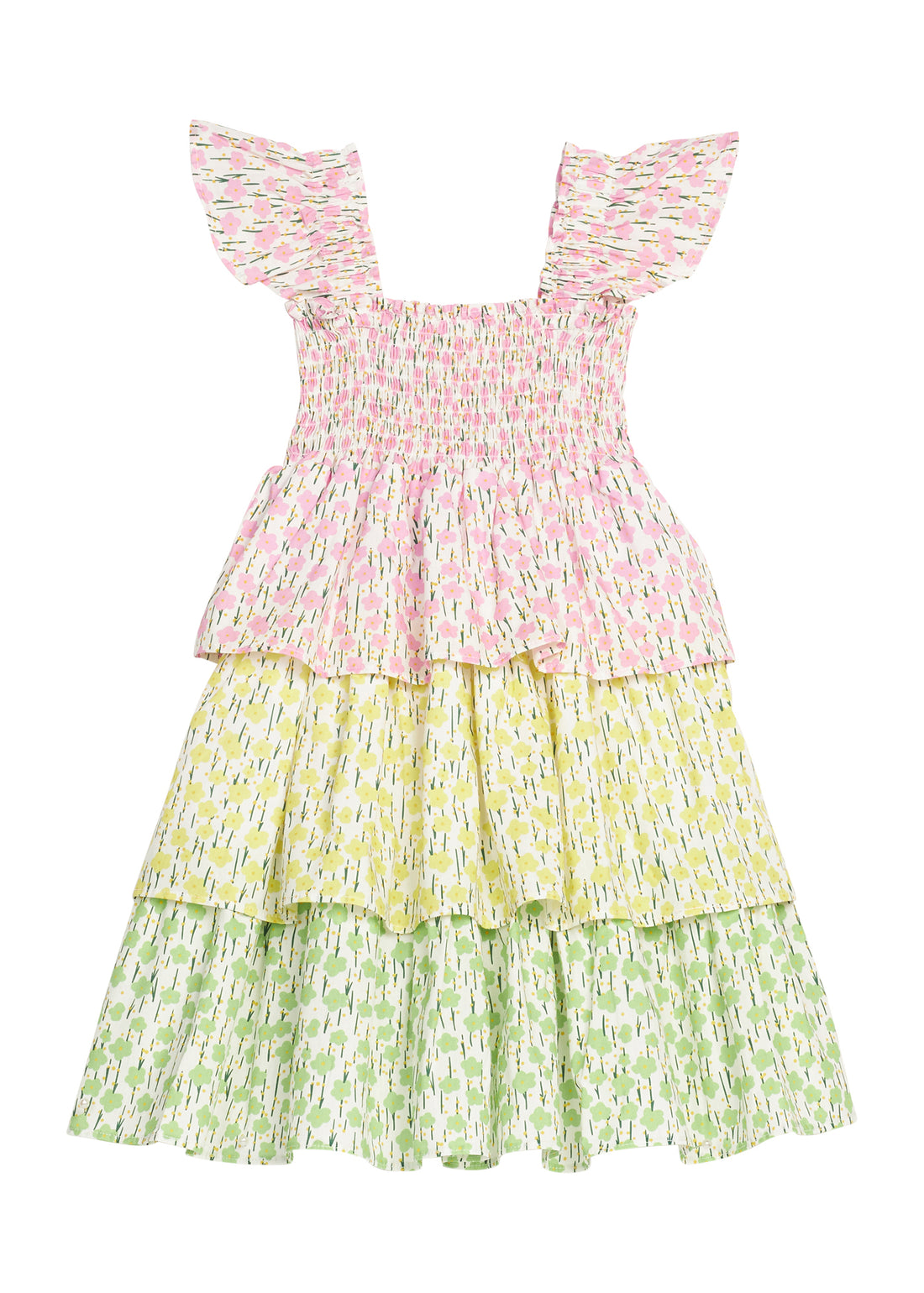 BISBY girl three tiered dress woven dress. Dress features a pink floral top tier, yellow floral print middle tier, and green floral bottom tier. Dress also features angel sleeve straps and smocking across the bust for an elevated look. 