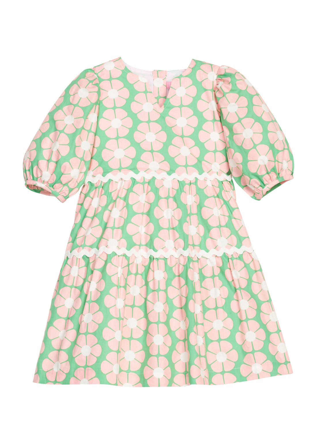 BISBY girl woven white dress in salmon pink/green floral print. Dress features three button closure along back, elastic cuffs at sleeve, and cream ric rac detail across tiers of dress for an elevated look.