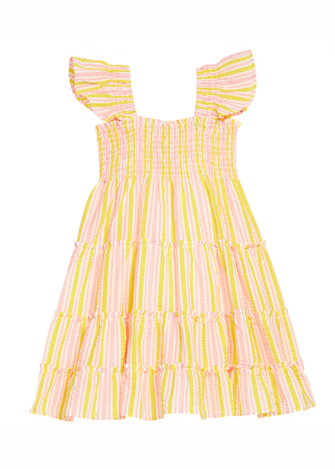 BISBY girl woven seersucker dress in a yellow and salmon pink stripe. Dress features angel sleeves, smocking across bust, and outside surging detail for an elevated look.
