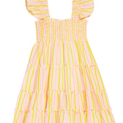 BISBY girl woven seersucker dress in a yellow and salmon pink stripe. Dress features angel sleeves, smocking across bust, and outside surging detail for an elevated look.