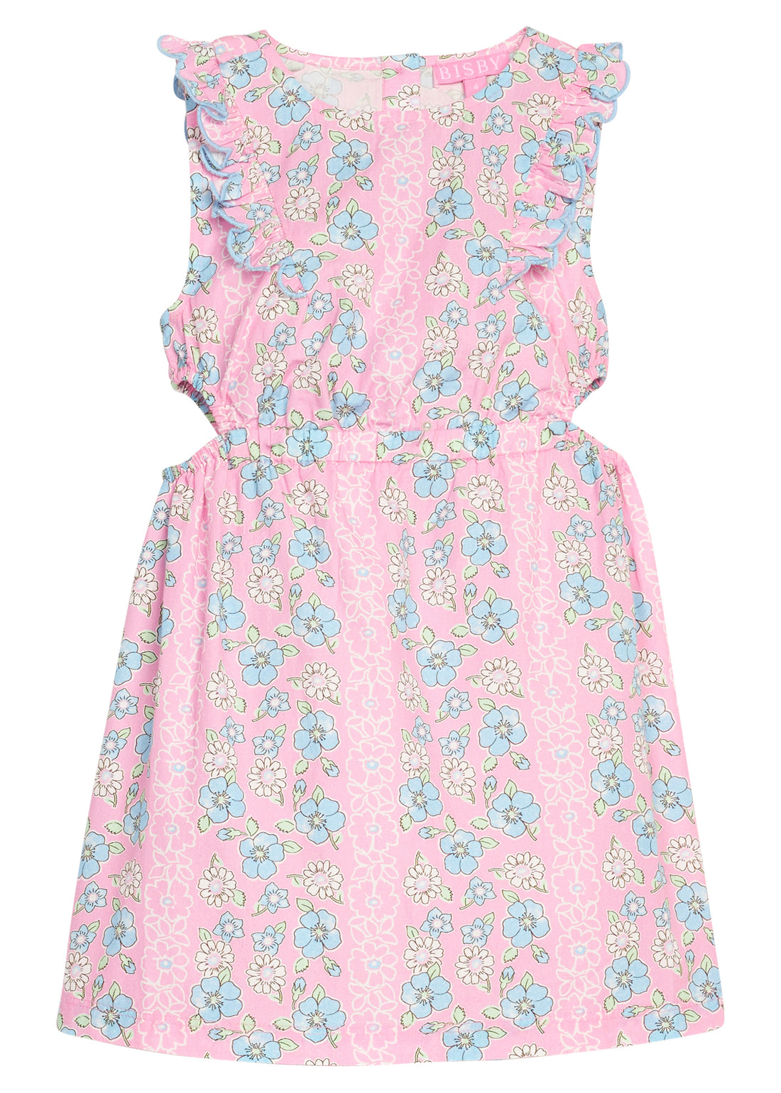 BISBY tween girl woven dress in a blue/pink/white floral print. Dress features a scallop detailing along sides of sleeves/bust, elastic waistband, and two cutout details at waist for an elevated big girl look. 