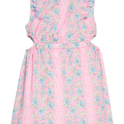 BISBY tween girl woven dress in a blue/pink/white floral print. Dress features a scallop detailing along sides of sleeves/bust, elastic waistband, and two cutout details at waist for an elevated big girl look. 
