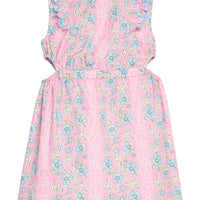 BISBY tween girl woven dress in a blue/pink/white floral print. Dress features a scallop detailing along sides of sleeves/bust, elastic waistband, and two cutout details at waist for an elevated big girl look. 