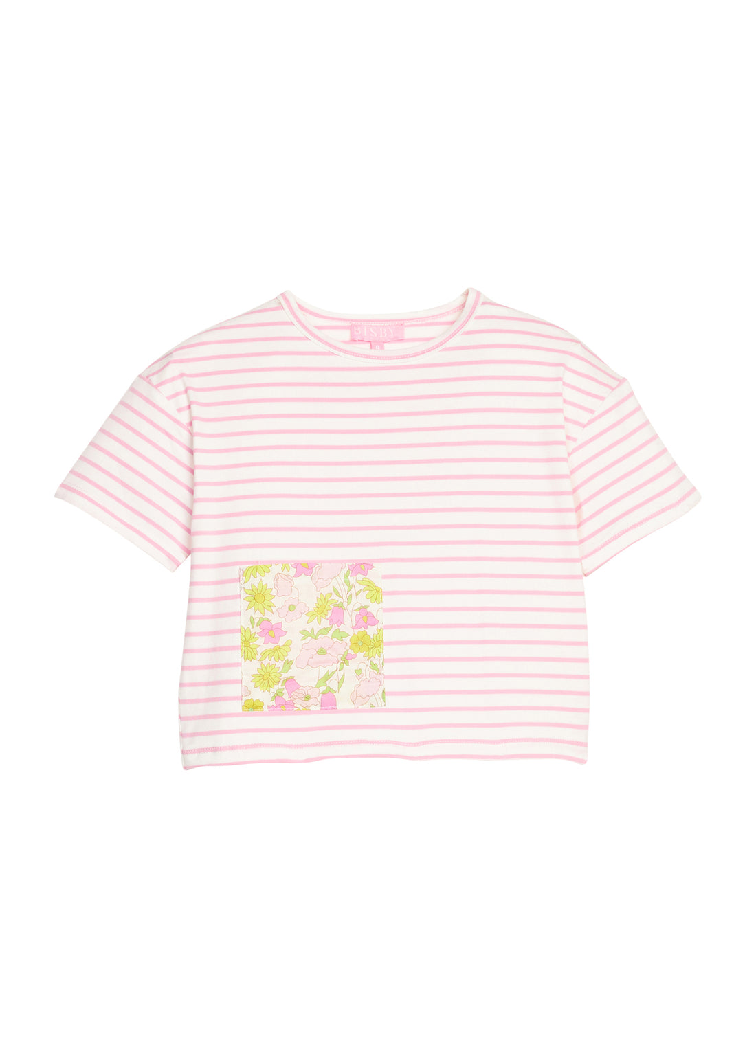 BISBY girl knit boxy tee in a pink and white stripe. Tee features a faux pocket on the front with a yellow/pink floral pattern to elevate the tee.