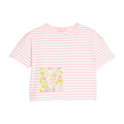 BISBY girl knit boxy tee in a pink and white stripe. Tee features a faux pocket on the front with a yellow/pink floral pattern to elevate the tee.