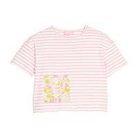 BISBY girl knit boxy tee in a pink and white stripe. Tee features a faux pocket on the front with a yellow/pink floral pattern to elevate the tee.
