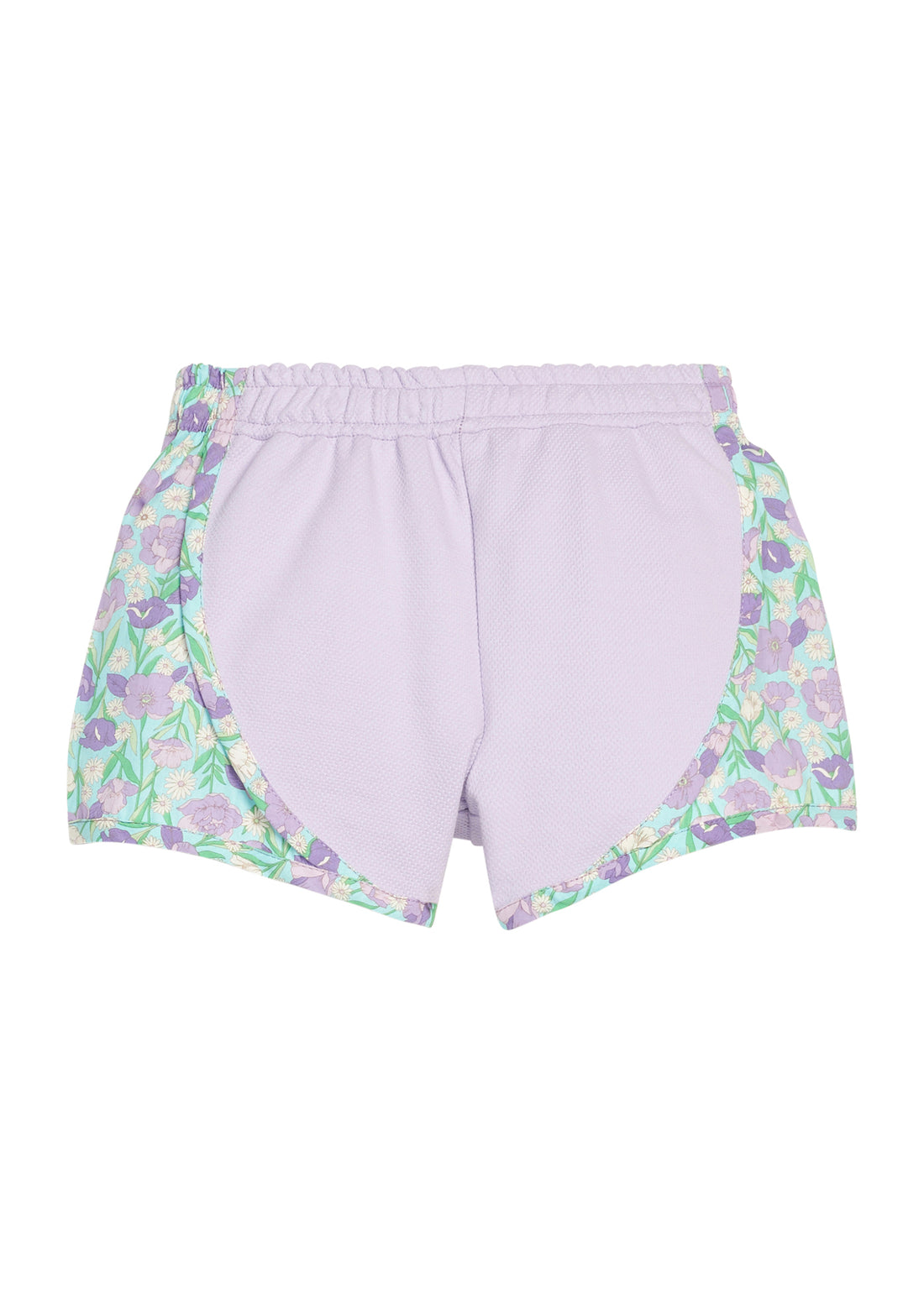 BISBY girl knit purple track shorts with woven green/aqua/purple floral print detail along sides of shorts. Shorts feature an elastic waistband as well for a secure but relaxed fit.