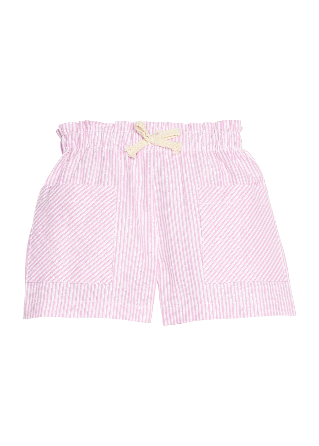 BISBY girl woven patch pocket shorts in an pink/white stripe seersucker fabric. Shorts feature a faux tie, elastic waistband, and two pockets in the front for an elevated fit. 