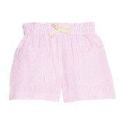 BISBY girl woven patch pocket shorts in an pink/white stripe seersucker fabric. Shorts feature a faux tie, elastic waistband, and two pockets in the front for an elevated fit. 