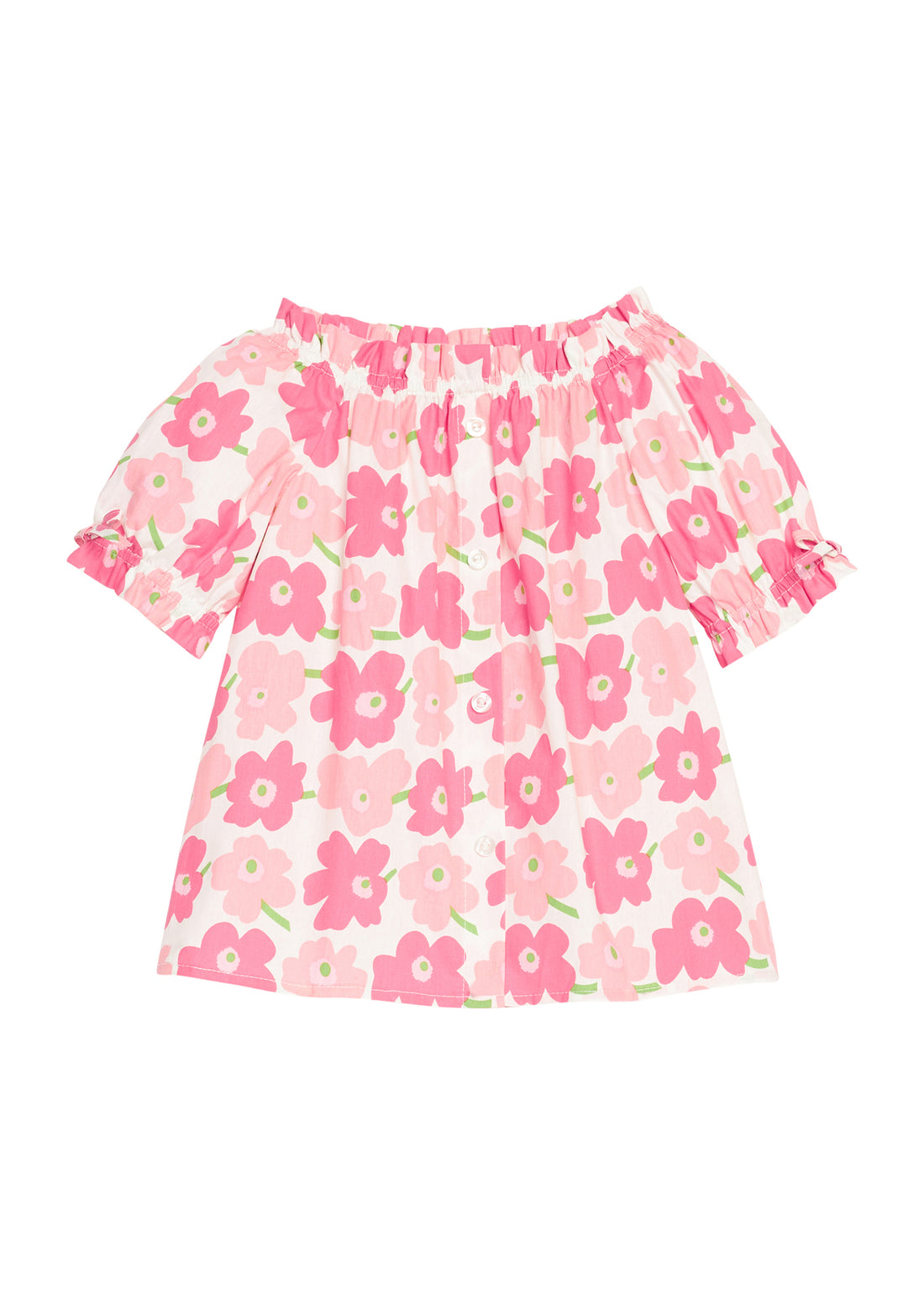 BISBY girl woven top in a salmon pink and a red floral print. Top features an elastic neckline, elastic cuffs at sleeves, and faux bow ties at ends of sleeves for an elevated look. 