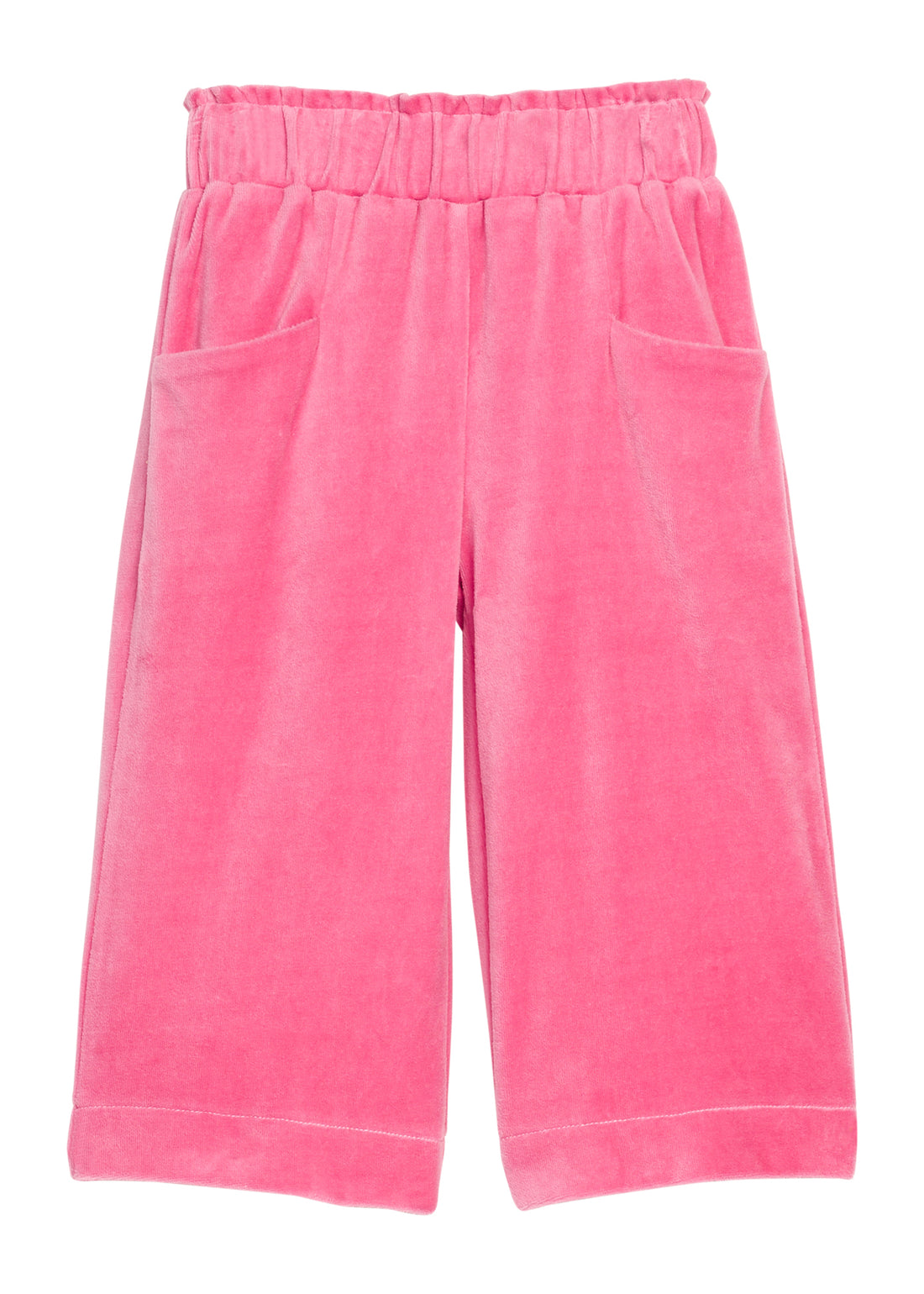 Girls pink velour palazzo pants that feature two functioning pockets in the front and an elastic waistband. 