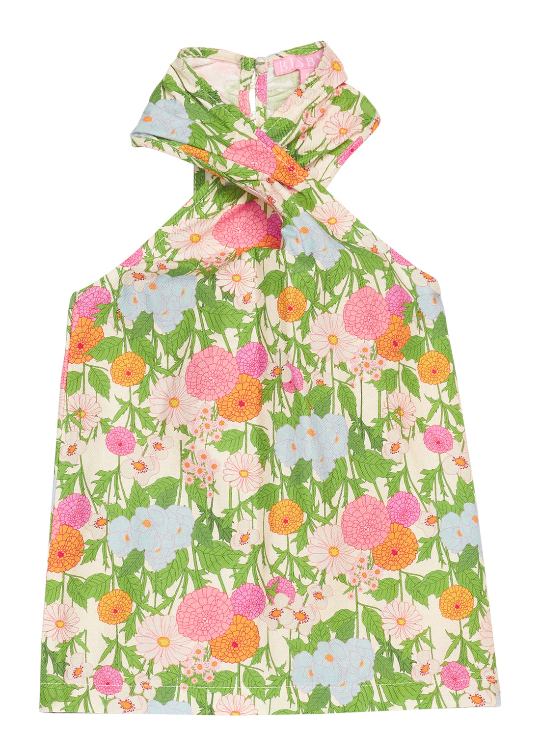 BISBY tween girl woven top in a green/orange/pink/light blue floral print. Top features a crossover neckline feature (scarf) with keyhole button closure at back for an elevated look.