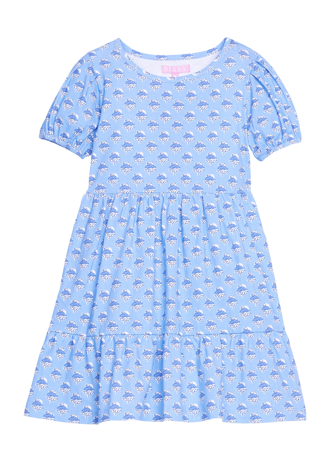 Girls/tween blue floral knit short sleeve dress that features elastic cuffs at sleeves and tier details to elevate the look. 