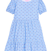 Girls/tween blue floral knit short sleeve dress that features elastic cuffs at sleeves and tier details to elevate the look. 