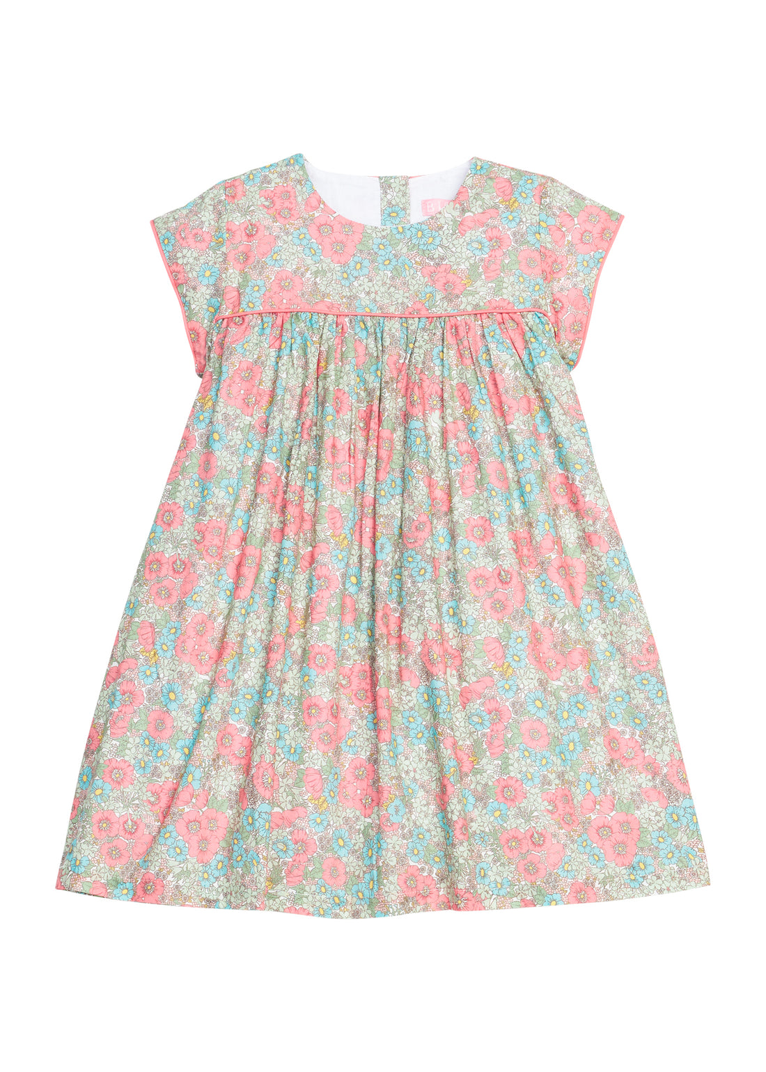 Girls woven dress in a pink/teal/green floral print that features a four button closure along back of dress and a pink trim across the bust and end of sleeves for an elevated look. 