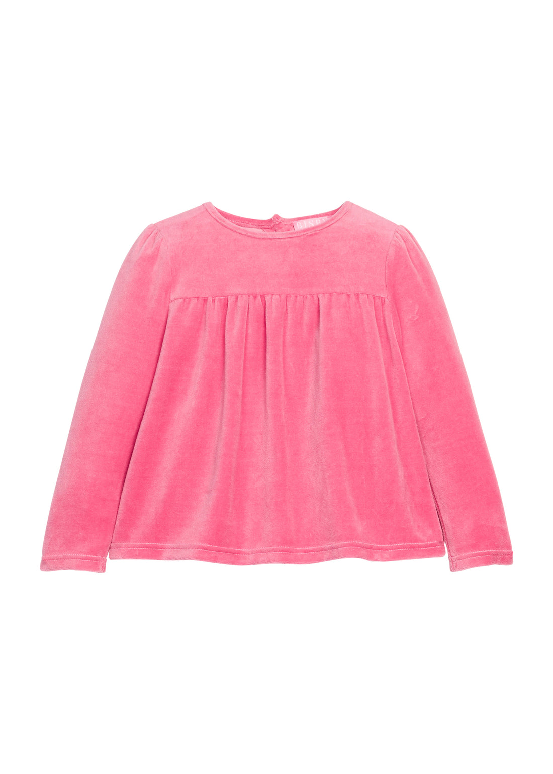 Girls pink long-sleeve velour top that features button closures at back and pleating detail at bust for an elevated look. 