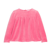 Girls pink long-sleeve velour top that features button closures at back and pleating detail at bust for an elevated look. 