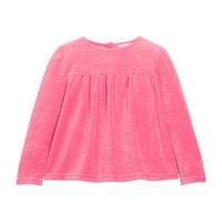 Girls pink long-sleeve velour top that features button closures at back and pleating detail at bust for an elevated look. 