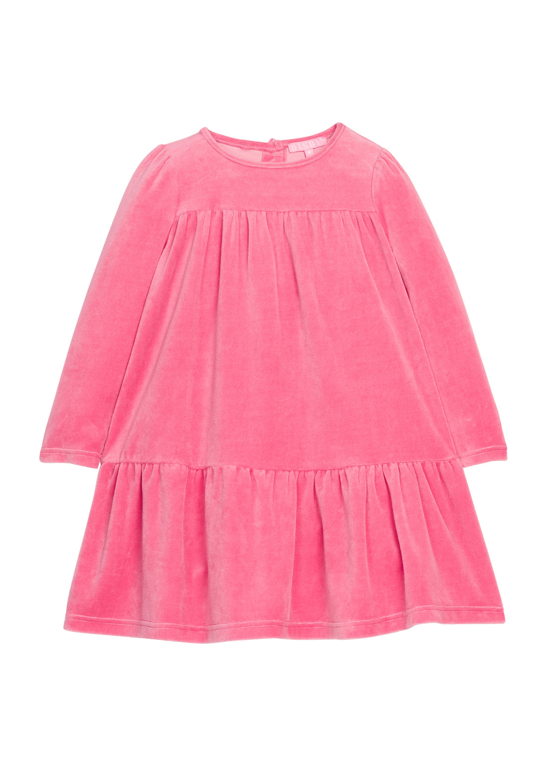 Girls/tween velour long sleeve dress in a pink color that features button closures at back and pleating detail along tiers for an elevated look. 