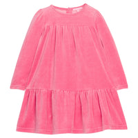 Girls/tween velour long sleeve dress in a pink color that features button closures at back and pleating detail along tiers for an elevated look. 